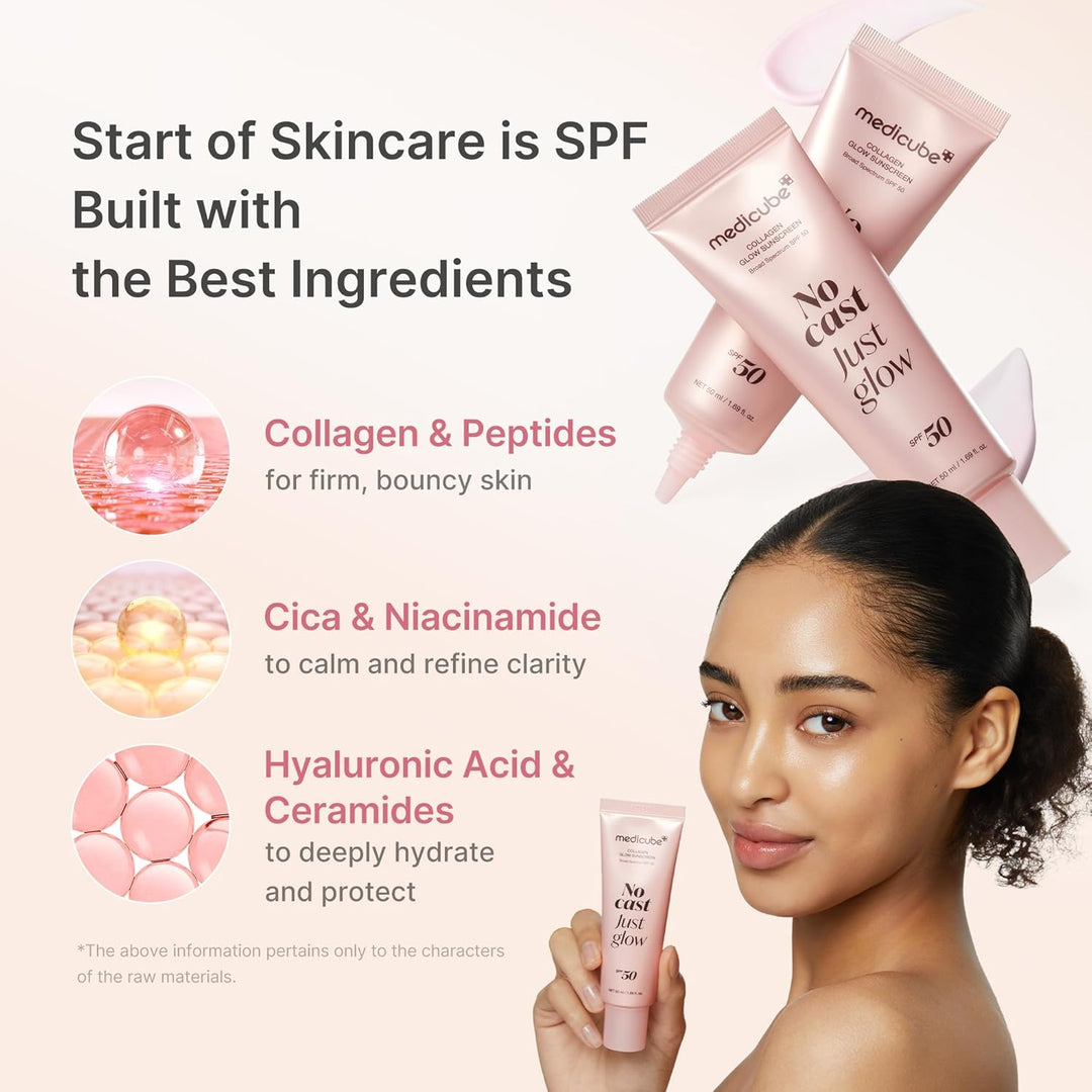 No Cast Just Glow Collagen Sunscreen | SPF 50 Broad Spectrum Face Sunscreen | Lightweight, Non-Sticky, Hydrating Formula | Peptide, Cica for Soothing & Glow | Korean Skincare